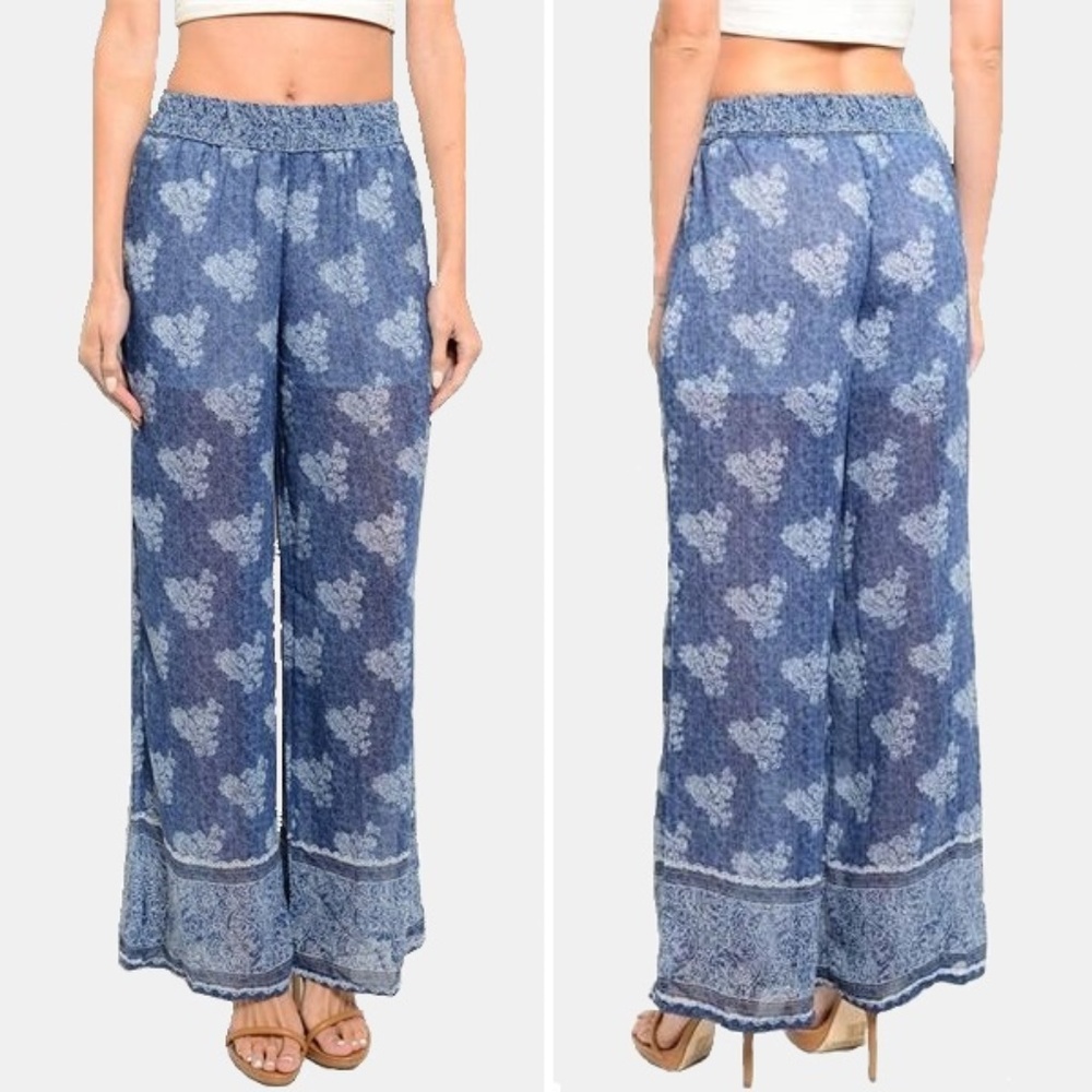Blue and White Floral Wide Leg Boho Palazzo Pants